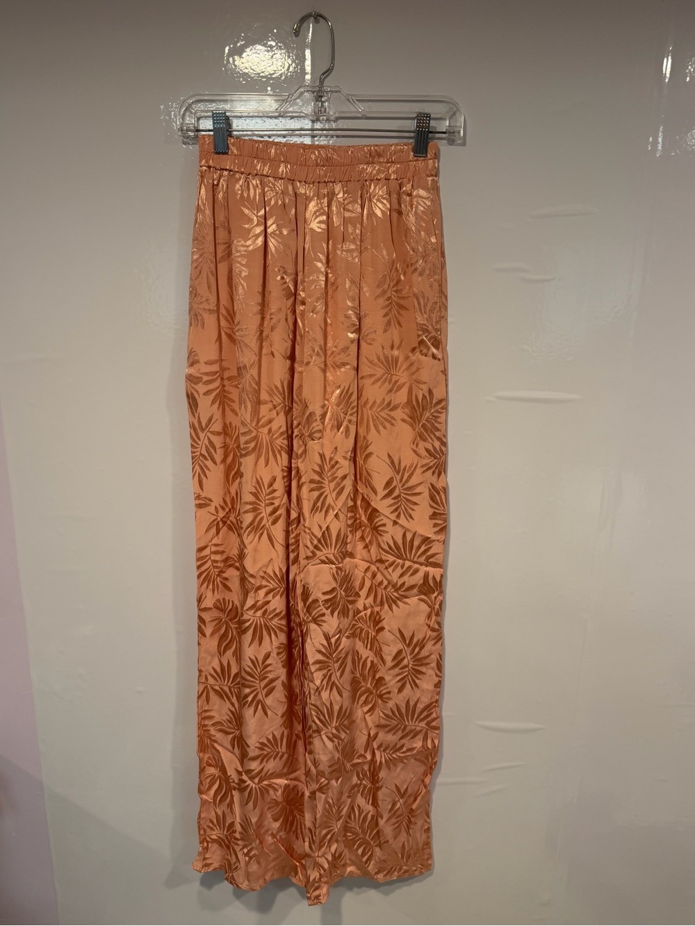 Baevely Peach Satin Like Wide-Leg Pants with Leaf Jacquard